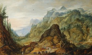 Mountain landscape with a caravan by Joos De Momper The Younger Oil Painting