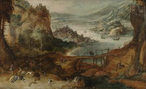River Landscape with Boar Hunt by Joos De Momper The Younger Oil Painting
