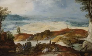 Sandy landscape with travellers and cattle by Joos De Momper The Younger Oil Painting