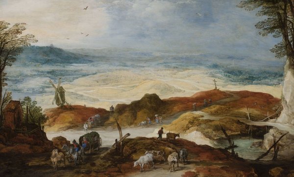 Sandy landscape with travellers and cattle  by Joos De Momper The Younger - Hand-Painted Oil Painting Reproduction