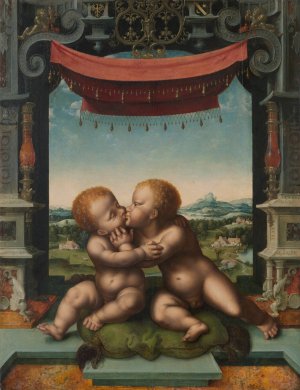 The Infants Christ and Saint John the Baptist Embracing by Joos Van Cleve Oil Painting