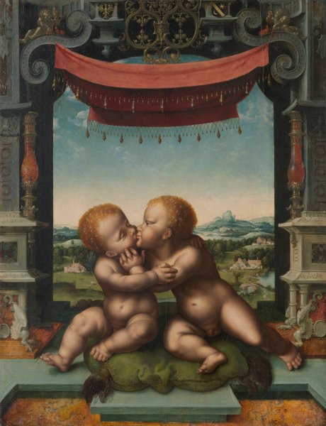 Main Product Photo of The Infants Christ and Saint John the Baptist Embracing  Painting by Joos Van Cleve