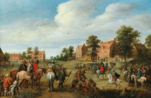 A cavalry unit halting near a village by Joost Cornelisz Droochsloot Oil Painting