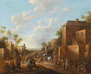 A village landscape with country folk near a tavern by Joost Cornelisz Droochsloot Oil Painting