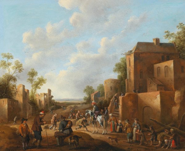 A village landscape with country folk near a tavern by Joost Cornelisz Droochsloot - Hand-Painted Oil Painting Reproduction