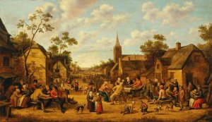 A village scene with peasants feasting and conversing by Joost Cornelisz Droochsloot Oil Painting