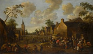 A village street scene with children playing in the foreground and figures drinking by Joost Cornelisz Droochsloot Oil Painting