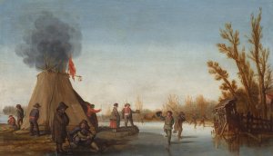 Skaters on a frozen canal with a koek-en-zopie tent Oil painting by Joost Cornelisz Droochsloot