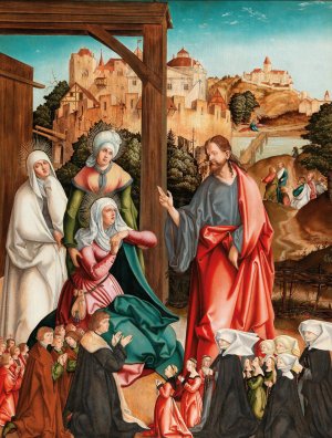 Christ taking leave of his Mother, with a donor family kneeling in the foreground by Jorg Breu The Elder Oil Painting