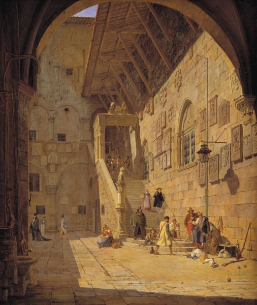 The Courtyard of the Palazzo del Bargello. Florence  by Jorgen Roed - Hand-Painted Oil Painting Reproduction