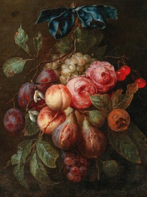 Fruit and flowers hanging from a ribbon by Joris Van Son Oil Painting