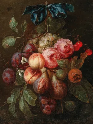 Fruit and flowers hanging from a ribbon by Joris Van Son Oil Painting