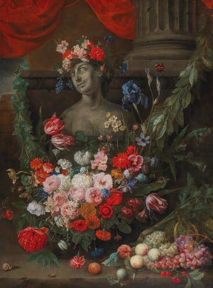 Fruit and flowers surrounding a stone bust of the Goddess Flora by Joris Van Son Oil Painting