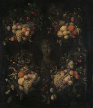 Simulated Sculpted Head of a Woman in a Cartouche Decorated with Swags of Fruit by Joris Van Son Oil Painting