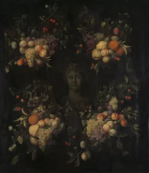 Simulated Sculpted Head of a Woman in a Cartouche Decorated with Swags of Fruit by Joris Van Son Oil Painting