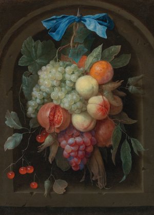 Still Life of Grapes, Peaches, A Pomegranate And Other Fruit Hanging From A Nail Before A Stone Niche by Joris Van Son Oil Painting