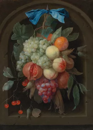 Still Life of Grapes, Peaches, A Pomegranate And Other Fruit Hanging From A Nail Before A Stone Niche by Joris Van Son Oil Painting