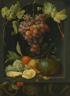 Still life with grapes a melon an orange plums and oysters in a stone niche by Joris Van Son Oil Painting
