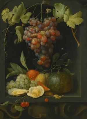 Still life with grapes a melon an orange plums and oysters in a stone niche by Joris Van Son Oil Painting