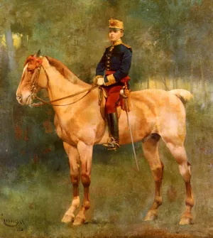 A Portrait Of Alfonso III On Horseback by Jose Cusachs y Cusachs - Oil Painting Reproduction