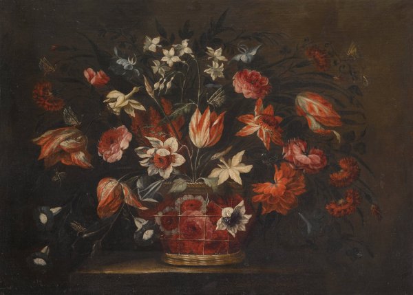 A Still Life With A Basket Of Tulips, Carnations And Other Flowers On A Stone Plinth by Jose De Arellano - Hand-Painted Oil Painting Reproduction