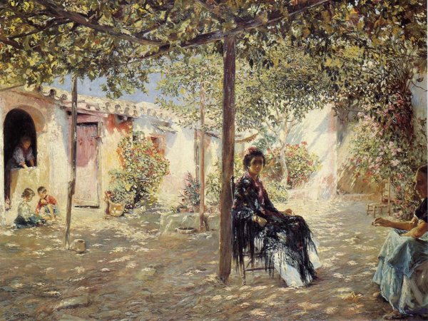 Main Product Photo of Ladies in a Sun-dappled Courtyard Painting by Jose Gallegos y Arnosa