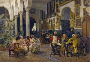 Conversation In A Sevillian Courtyard by Jose Jimenez y Aranda Oil Painting