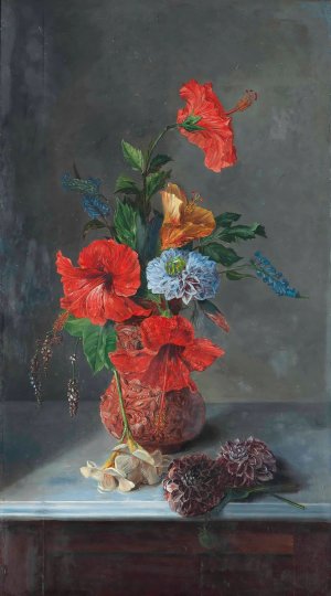 Hibiscus, Freesias, Dahlias, and Bluebells on a marble topped sideboard by Jose Maria Bracho Murillo Oil Painting