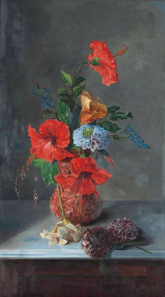 Main Product Photo of Hibiscus, Freesias, Dahlias, and Bluebells on a marble topped sideboard Painting by Jose Maria Bracho Murillo