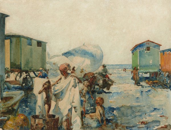 Main Product Photo of Bathing on the Beach beside the Carts  Painting by Jose Navarro Y Llorens