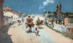 Entertainers Arriving in Town by Jose Navarro Y Llorens Oil Painting