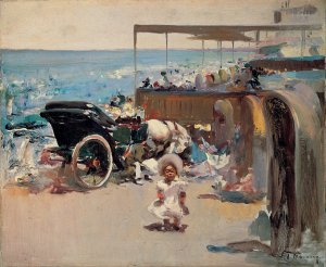 Horse-drawn Carriage and Child on the Beach by Jose Navarro Y Llorens Oil Painting