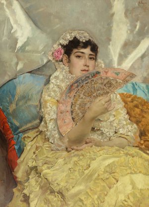 Portrait of a woman with fan by Jose Villegas Cordero Oil Painting