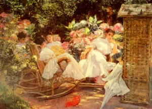 Ladies In A Garden by Jose Villegas y Cordero Oil Painting