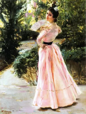 The Pink Fan by Jose Villegas y Cordero Oil Painting