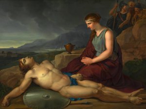 Antigone neben dem Leichnam ihres Bruders Polyneikes kniend by Josef Abel Oil Painting