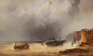 Steamship in Distress at Sea by a Rocky Coast by Josef Carl Berthold Puttner Oil Painting