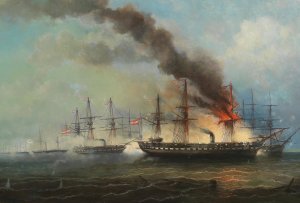 The sea battle at Helgoland on 9 May 1864 by Josef Carl Berthold Puttner Oil Painting