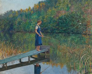 A Girl on a Jetty, fishing by Josef Engelhart Oil Painting