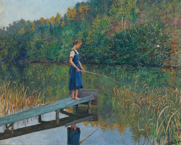 A Girl on a Jetty, fishing  by Josef Engelhart - Hand-Painted Oil Painting Reproduction