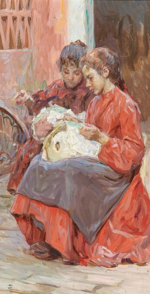 Two Girls Engaged in Needlework by Josef Engelhart Oil Painting