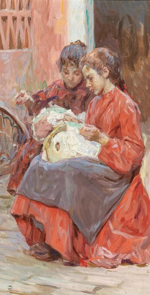 Two Girls Engaged in Needlework by Josef Engelhart - Hand-Painted Oil Painting Reproduction