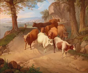 Bringing the Herd down from the Alpine Pastures by Josef Feid Oil Painting