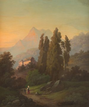 Sunset over the Tyrollean summits by Josef Heilmaier Oil Painting