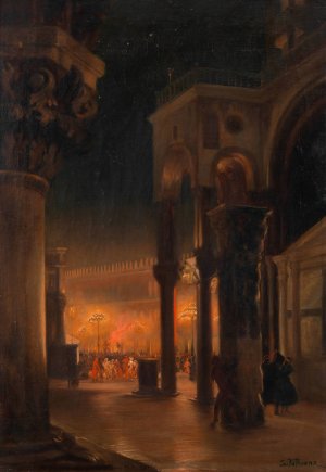 Karneval am Markusplatz in Venedig bei Nacht by Josef Hoffmann Oil Painting