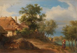 Landscape with Thatched Farmhouses and decorative figures Oil painting by Josef Hoger