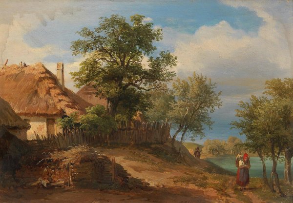 Landscape with Thatched Farmhouses and decorative figures by Josef Hoger - Hand-Painted Oil Painting Reproduction