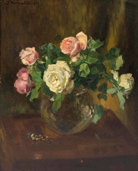 Stillleben mit Rosen in Glasvase und zwei Eheringen by Josef Jungwirth - Hand-Painted Oil Painting Reproduction