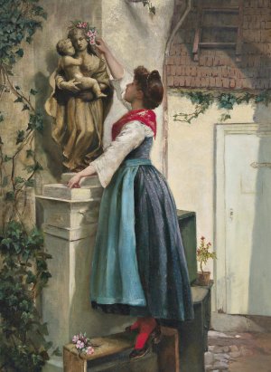 Blumenschmuck fur die Marienstatue by Josef Kinzel Oil Painting