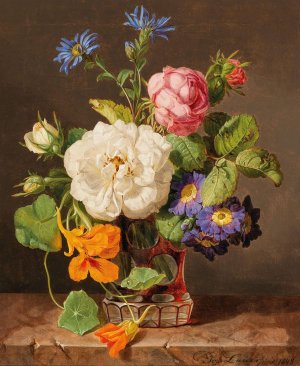 A Bouquet of Flowers with White and Red Roses, Primroses and Nasturtium by Josef Lauer Oil Painting